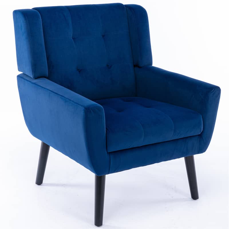 Blue Velvet Modern 29.53" Upholstered Buttons Tufted Accent Chair with Black Solid Wood Legs