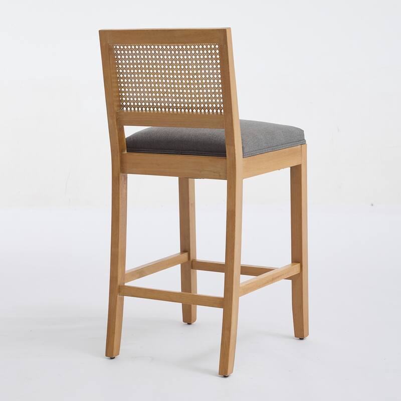 Linen Upholstered Full Solid Wood Bar Stools Set of 2, Bar Stool with Rattan Back, Breakfast Bar Chairs with Footstool