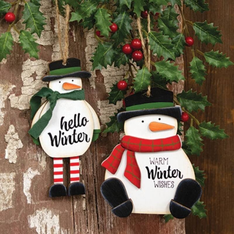 Layered Wooden Snowman Ornaments with Jute Hanging String for Christmas Decor 2 Asstd.