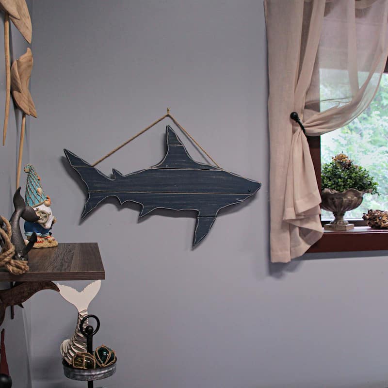 Zeckos 31 Inch Blue Wood Imitation Shark Wall Hanging Nautical Art