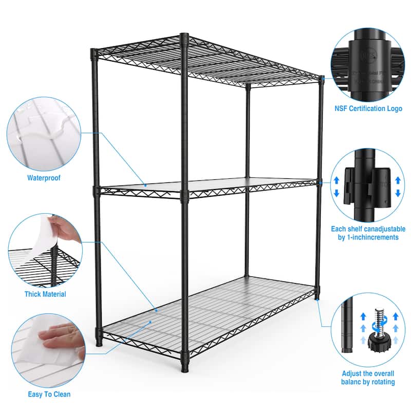High-Duty Adjustable 3 Tier Wire Shelving Unit with Nonslip Leveling Feet