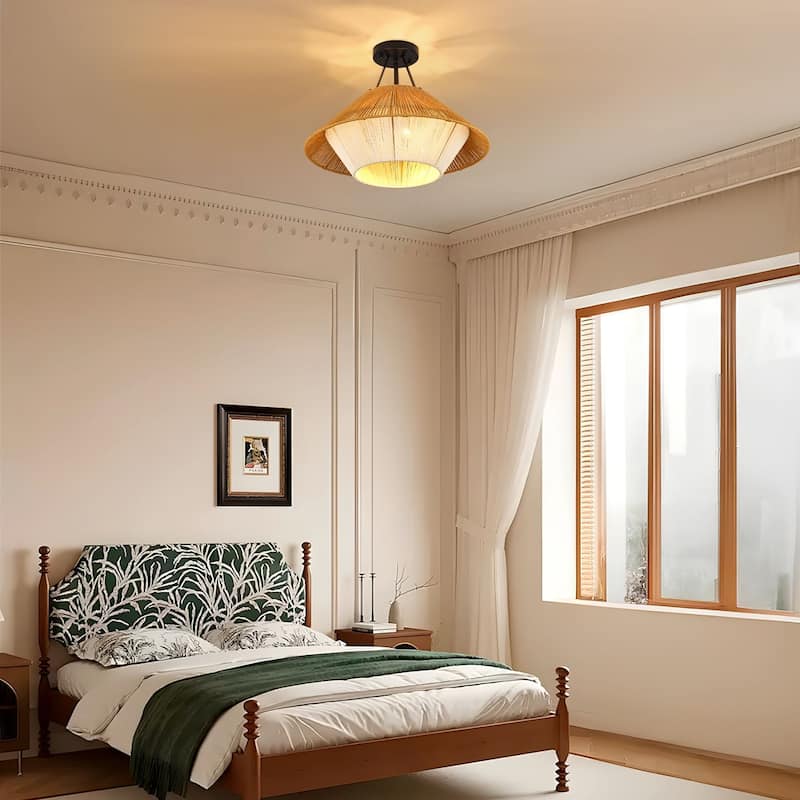 3-Light Natural Rattan Semi Flush Mount Light