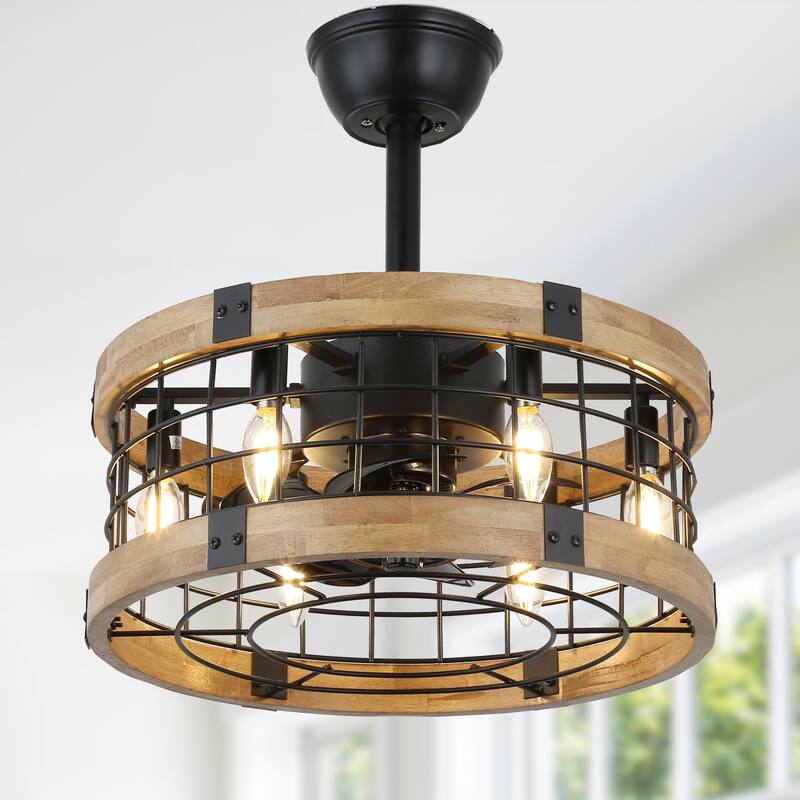 Cusp Barn 18 Inch Caged Ceiling Fan with Remote Control, Rustic Bladeless Ceiling Fan, Enclosed Farmhouse Fandeliers for Bedroom