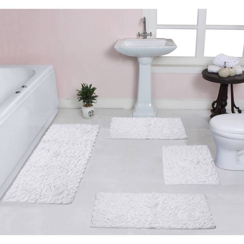 Home Weavers Modesto Collection 100% Cotton Bath Rug, Non-Slip Bath Rug, Extra Soft, Machine Wash, 4 Pcs Set with Runner - White - 17"x24", 21"x34", 24"x40", 21"x54"