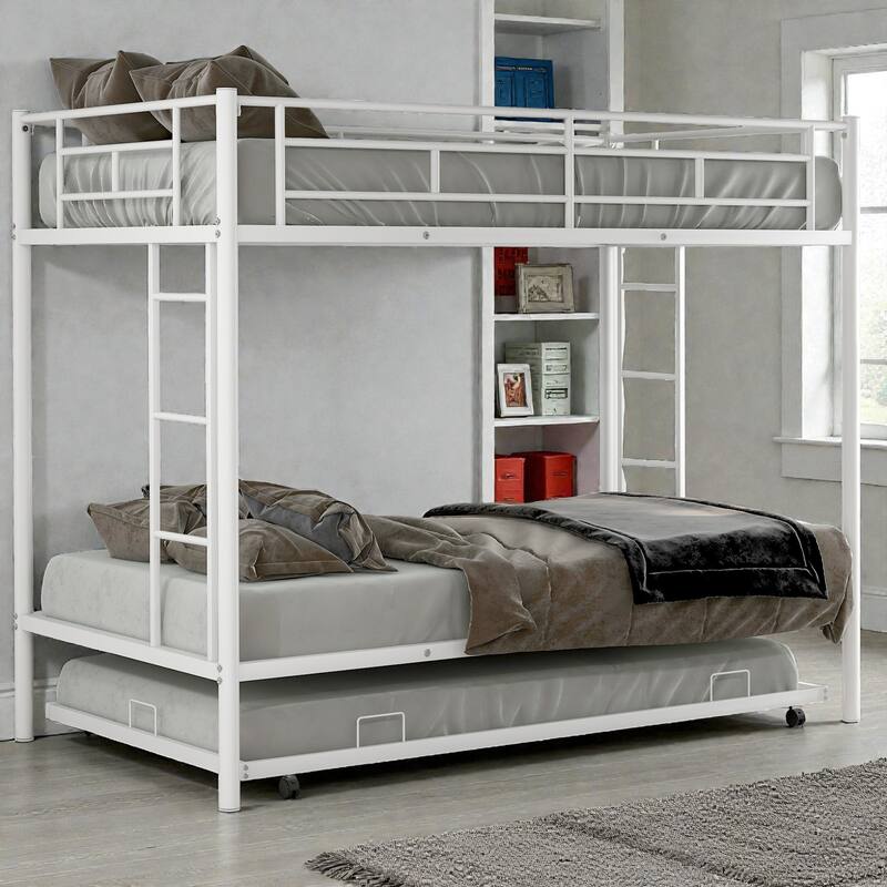 Twin over Twin Metal Bunk Bed with Trundle, Space Saving Bunk Bed with Ladder and Guardrails