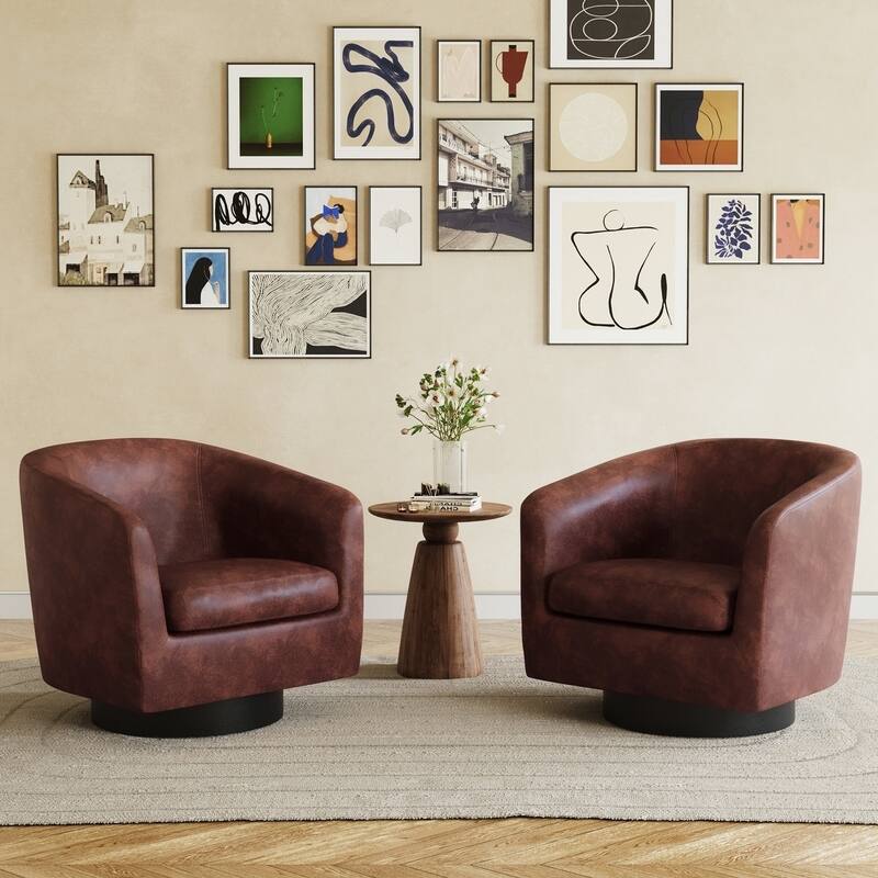 2 Set Modern Wide Round Swivel Accent Barrel Chairs - P-Red Brown - Leather