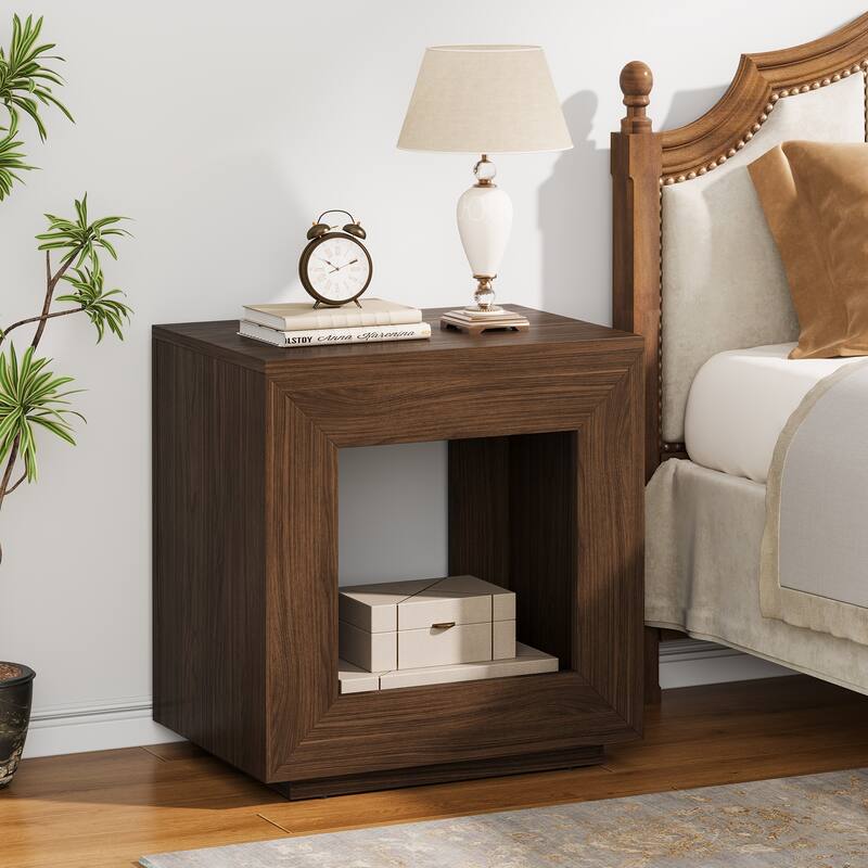 Rustic Wood End Table, 2 Tiered Square Side Table with Storage Shelf, Industrial Sofa Side Table for Living Room