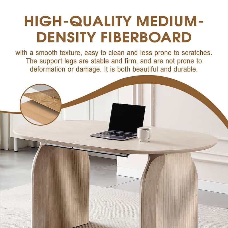 Wood Extendable Dining Table, Modern Oval Kitchen Table with Stylish Dual - Pillar Design - Natural Wood