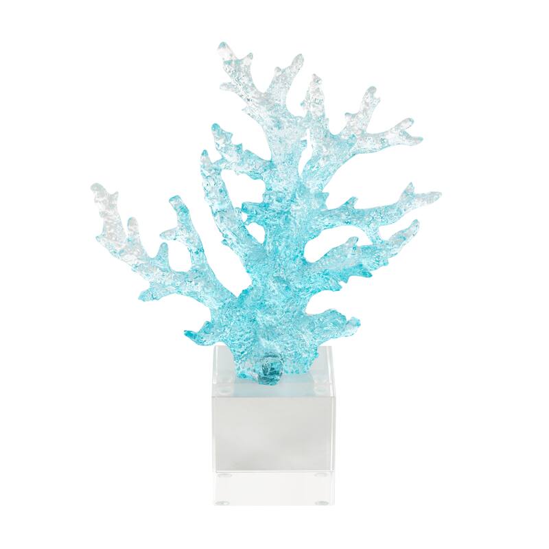 Blue Glass Ombre Coral Decorative Sculpture with Clear Square Base