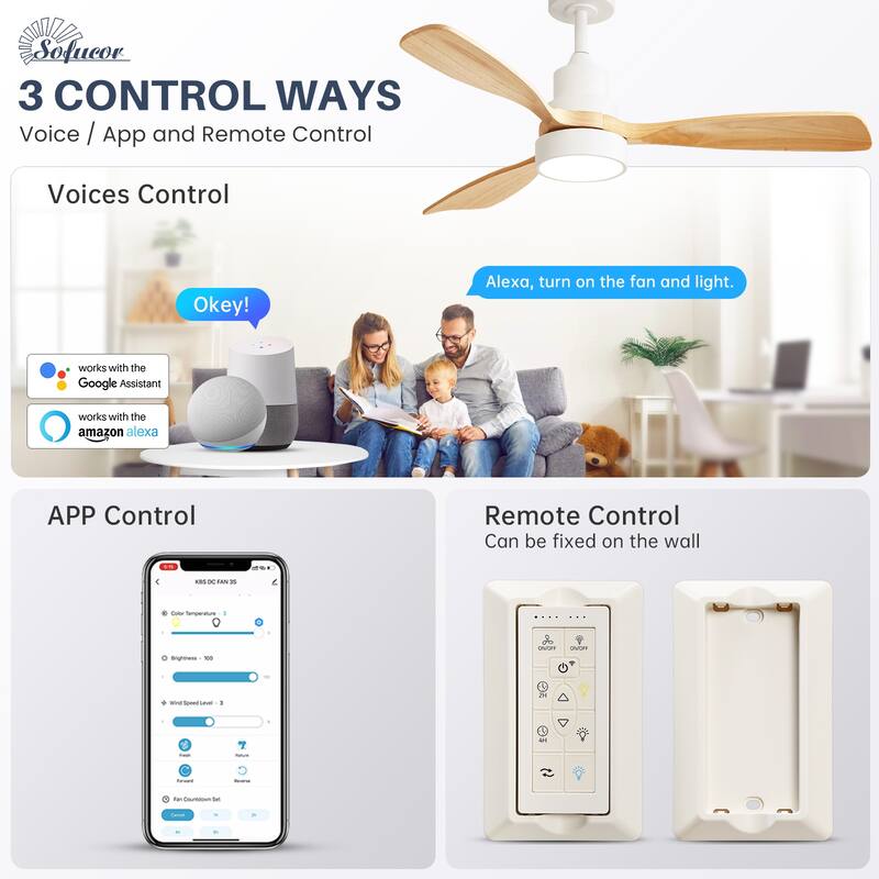 Sofucor 48 Inch Ceiling Fan with Light and Remote,Solid Wood Blades Low Profile,Smart Optional Work with Alexa/Google/App