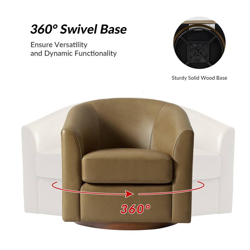 Althea Modern Genuine Leather Swivel Barrel Chair with Solid Wood Base By HULALA HOME
