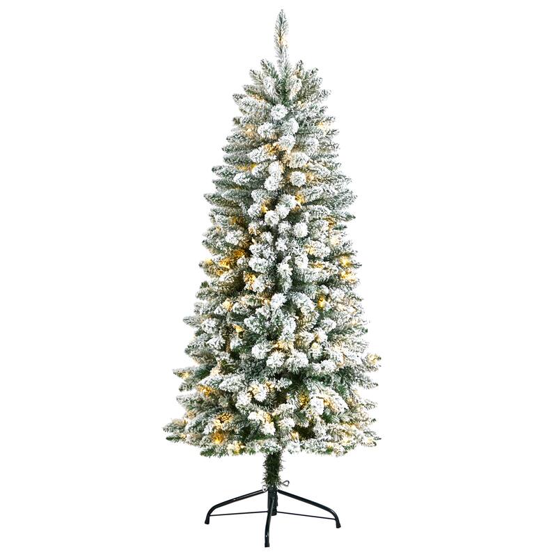 5' Flocked Slim Montreal Artificial Christmas Tree, Warm Clear LED - 5 Foot