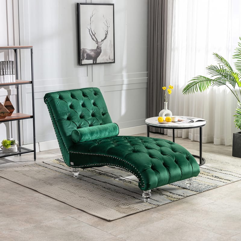 Emerald Modern 63.98" Upholstered Buttons Tufted Chaise Lounge Chair with Pillow and Acrylic Legs - Emerald