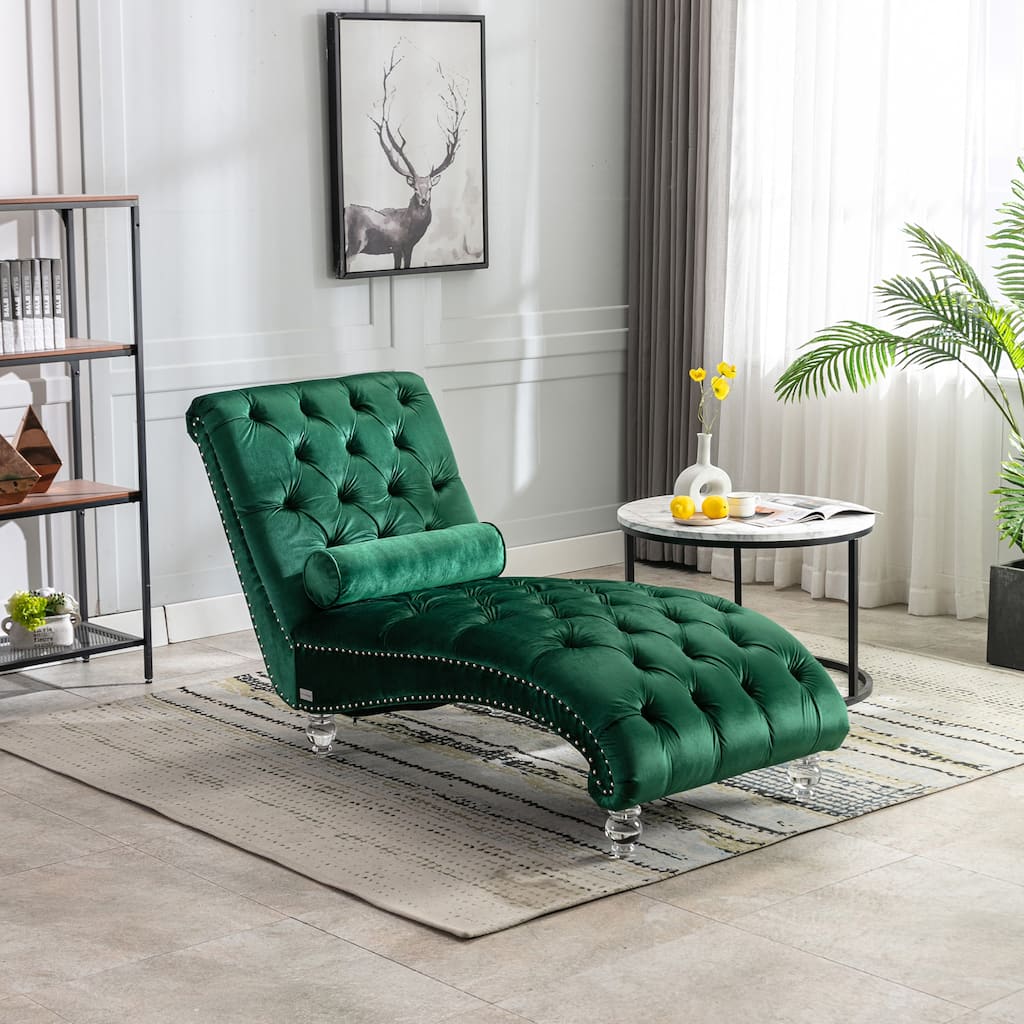 Emerald Modern 63.98" Upholstered Buttons Tufted Chaise Lounge Chair with Pillow and Acrylic Legs