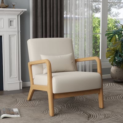 Linen PU Leather Accent Chair Solid Wood Armchair with Pillow