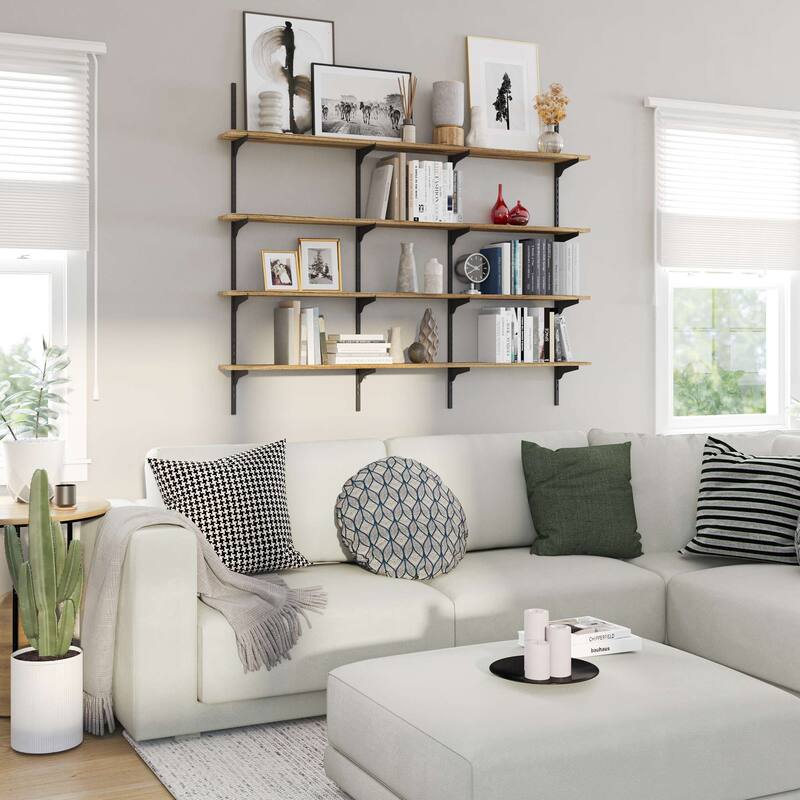 Wallniture Turin 60" Wall Mounted Shelves with Adjustable Brackets, Floating Bookhelves for Office & Living Room, 2,3 or 4 Tier - 4 Tier