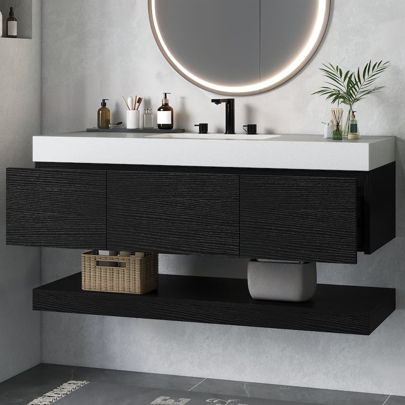 Moasis 47" W 3 Drawer Floating Bathroom Vanity with Stone Top and Ceramic Basin - Black
