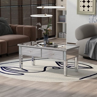 ON-TRANS Modern Glass Mirrored Coffee Table with Adjustable Height