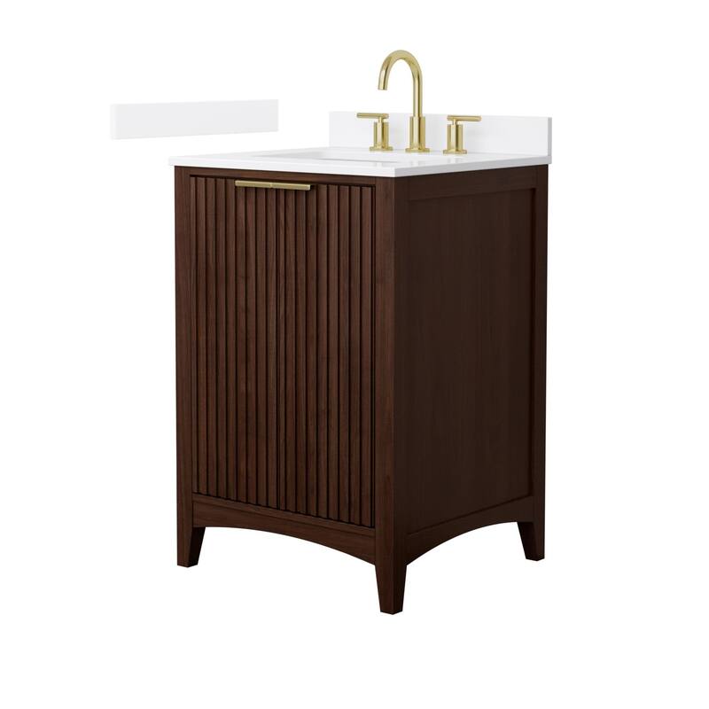 Wyndham Collection WCF9191-24S-QTZ-US3MXX Palmilla 24" Free Standing - Dark Walnut / White Quartz Top / Brushed Gold