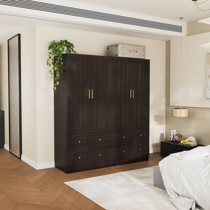 White Wardrobe Closet with Gold Handles - Modern Storage Cabinet with Drawers