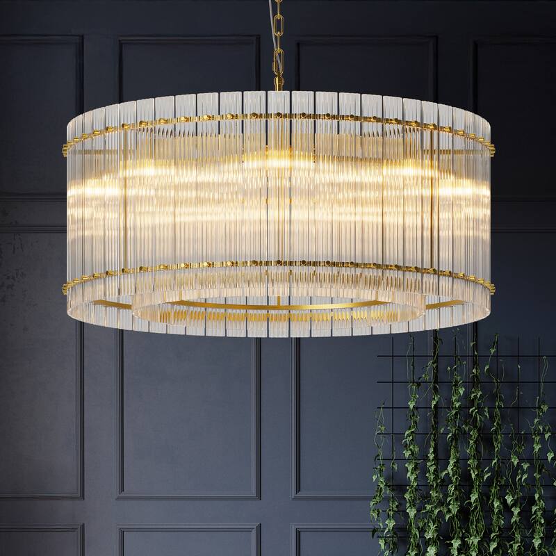 37" Gold Round Chandelier, 2-Tier 8-Light Water Ripple Crystal Glass Chandeliers for Dining Room,Living Room
