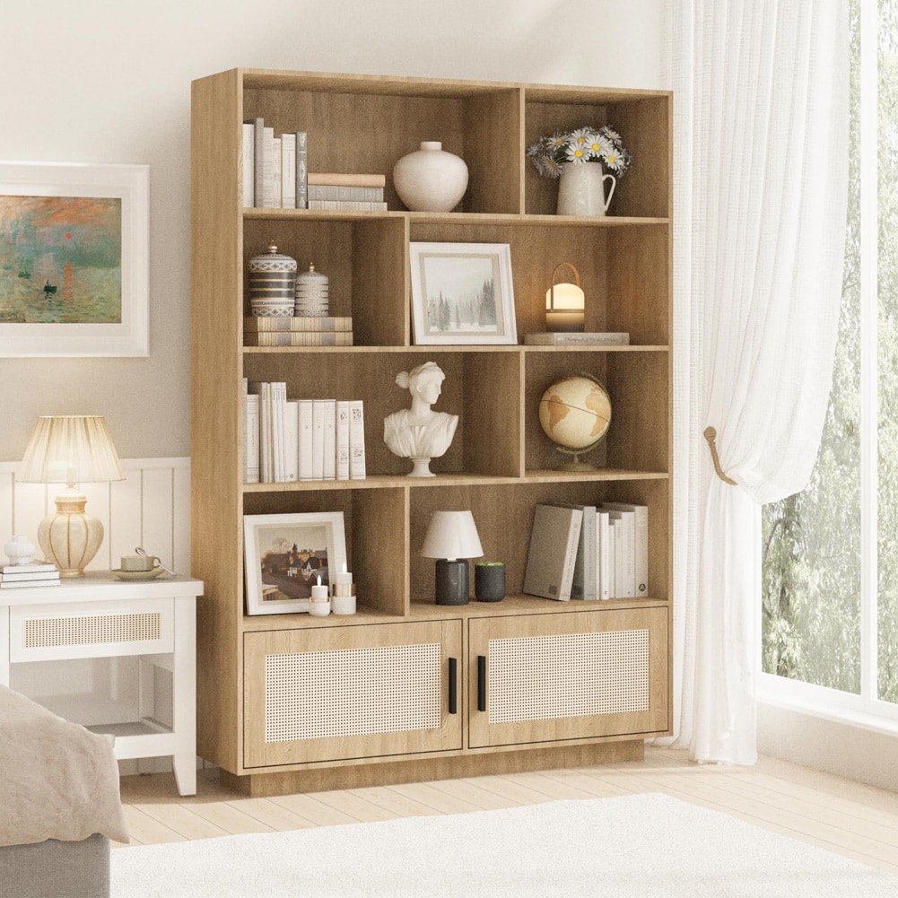 5 Tier Rattan Bookshelf with Storage Cabinet & Door for Living Room