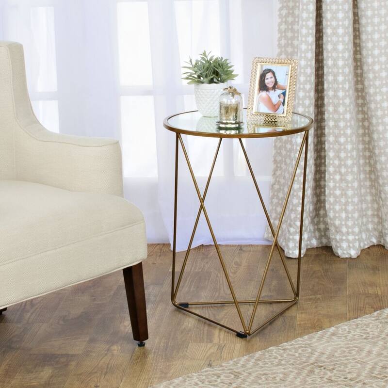 HomePop Metal Accent Table Triangle Gold Base Round Mirror Top