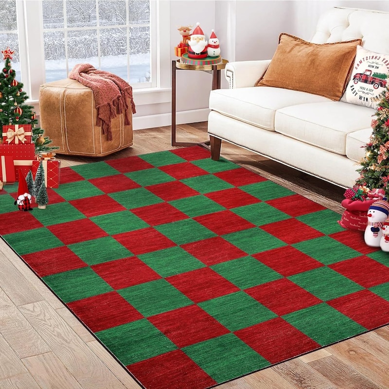 Grid Pattern Washable Christmas Area Rug Indoor Floor Cover for Xmas Holiday Decoration, Red+Green - 3*5ft