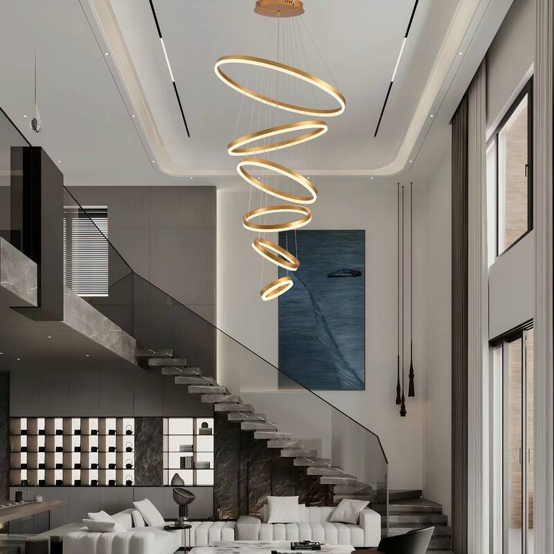 6-Rings Modern LED Chandelier Gold High Ceiling Chandelier with Remote Control Dimmable