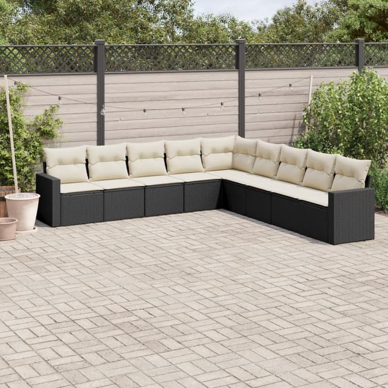 vidaXL Garden Sofa Set 9 Piece with Cushions Outdoor Sofa Set Poly Rattan - 24.4 x 25.8 x 27.2 in (W x L x H) - Black and Cream