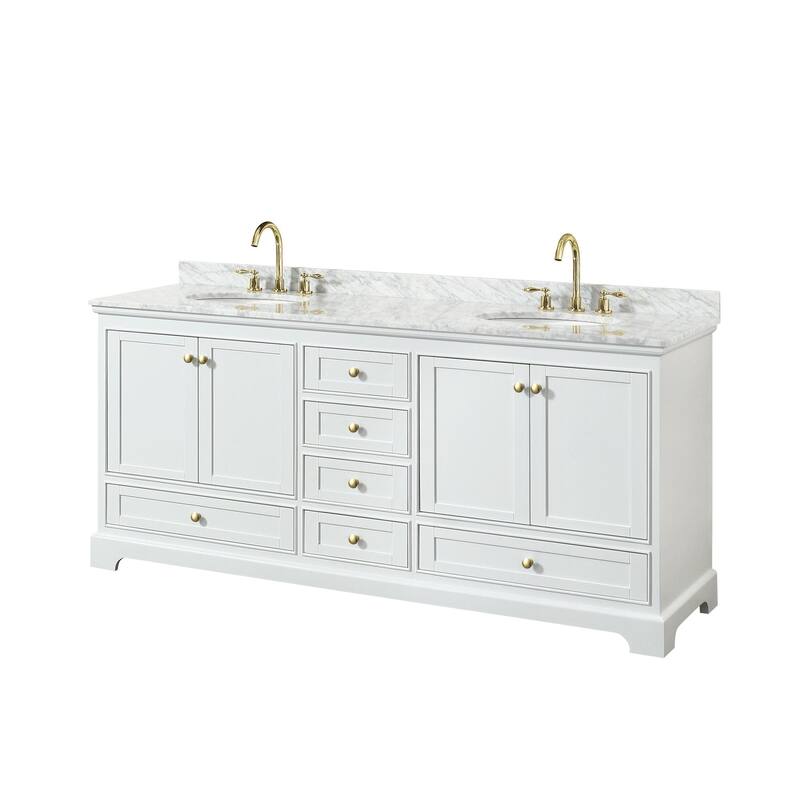 Wyndham Collection Deborah 80" Free Standing Double Vanity Set with - White / White Carrara Marble Top / Brushed Gold - Painted