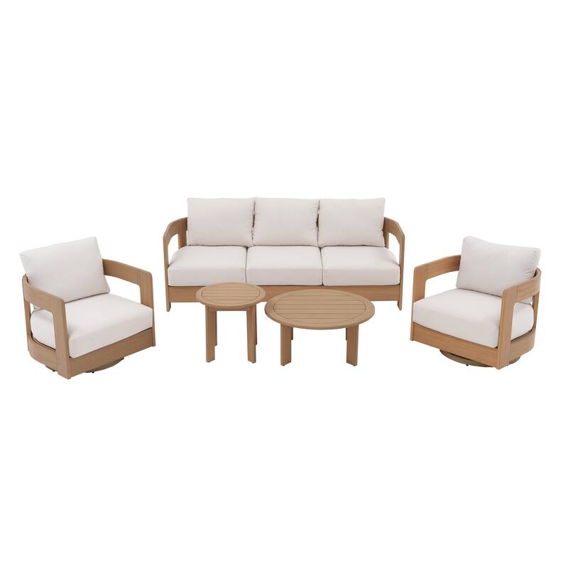 Outdoor 5-Piece Conversation Set Sofa and Swivel Chair with Coffee Table in Eucalyptus Wood