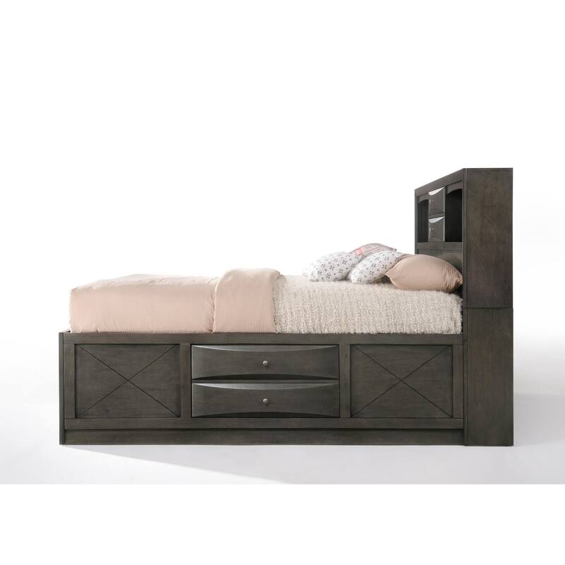 Full Size Synthetic Wood Storage Bed with 8 Drawers and Bookcase Headboard