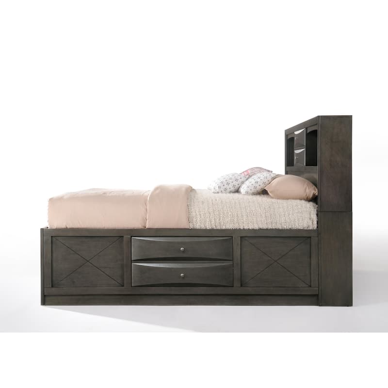 Queen Size Synthetic Wood Storage Bed with Bookcase Headboard and 8 Drawers