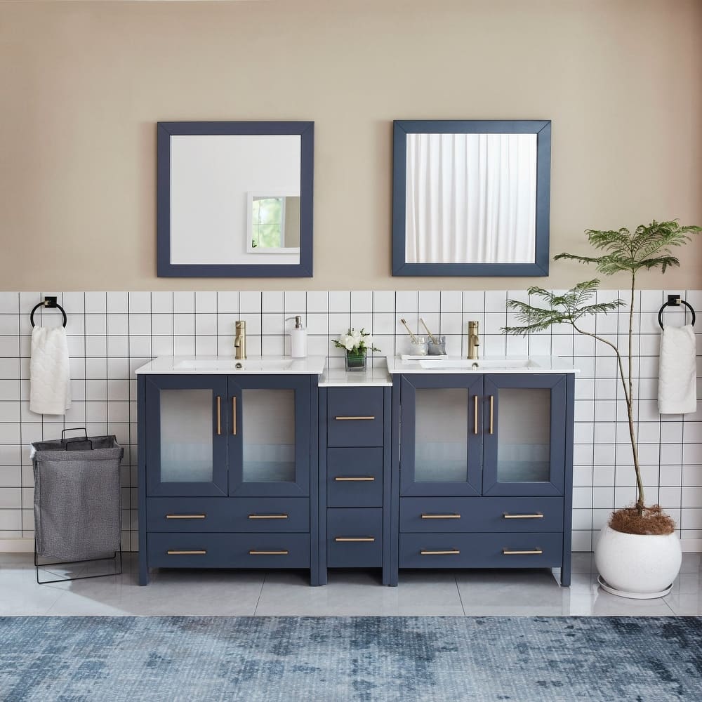 Vanity Art 72" Double Sink Bathroom Vanity Set 7 Dove-Tailed Drawers, 3 Cabinets, 2 Shelves, Soft-Closing Doors with Free Mirror