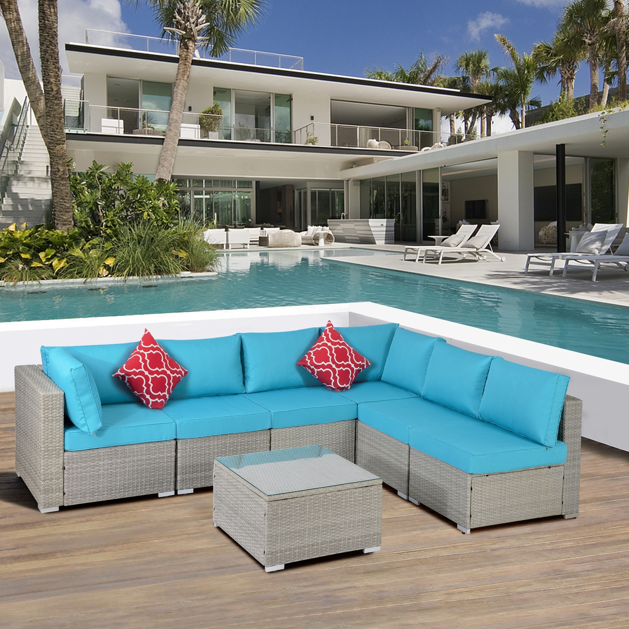 7 Piece Outdoor Rattan Sectional Sofa Set Patio Furniture Modular