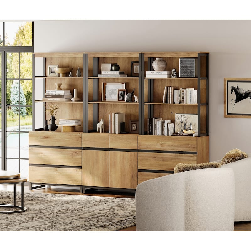WAMPAT 3-Piece Modern 72" Tall Bookcase with 6 Drawers and Adjustable Shelves