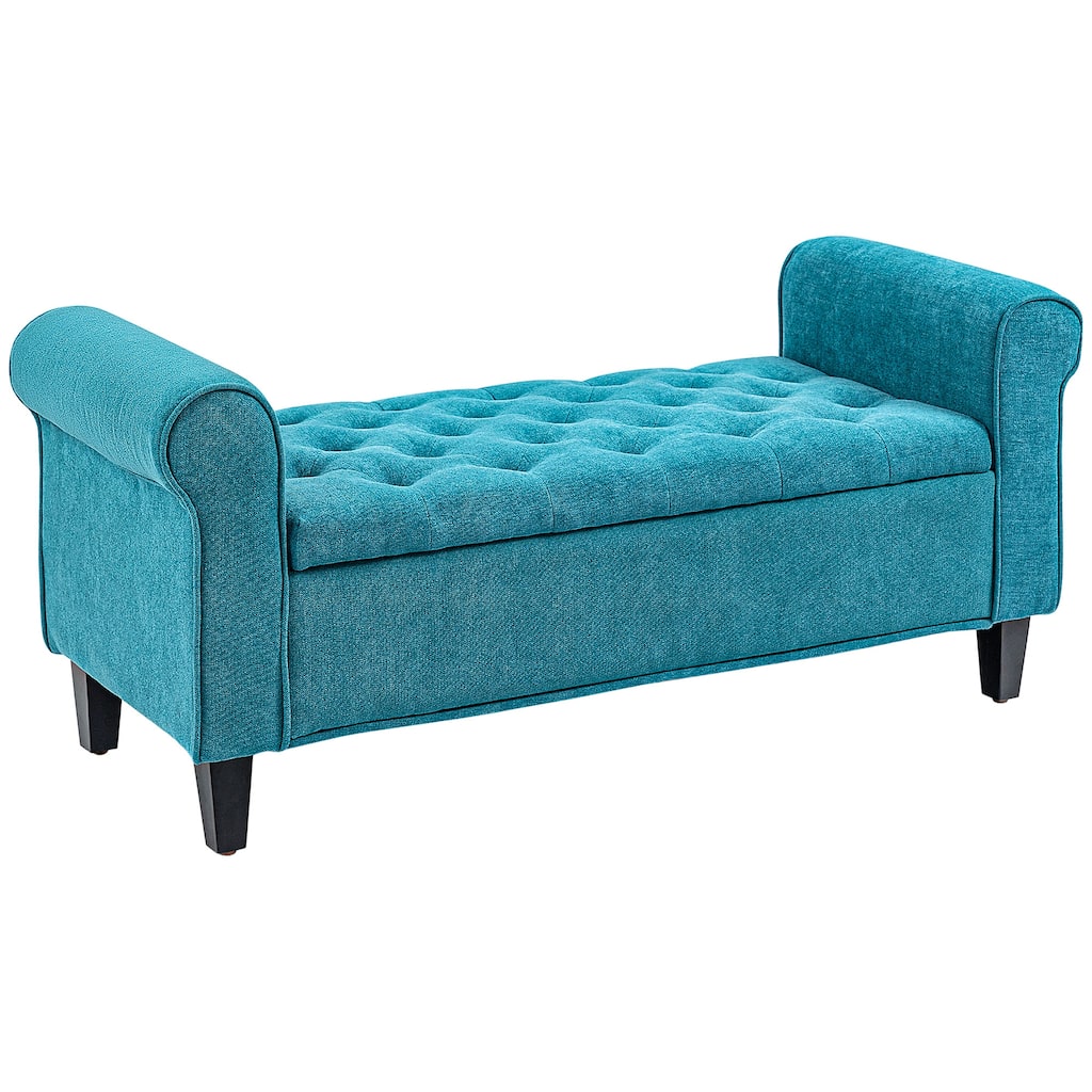 Storage Ottoman Bench, Upholstered End of Bed Bench with Rolled Arms, Wood Legs, Button Tufted Storage Bench with Safety Hinges