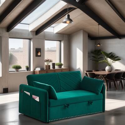 Pull-Out Velvet Sleeper Sofa Bed with USB Port and Side Pocket