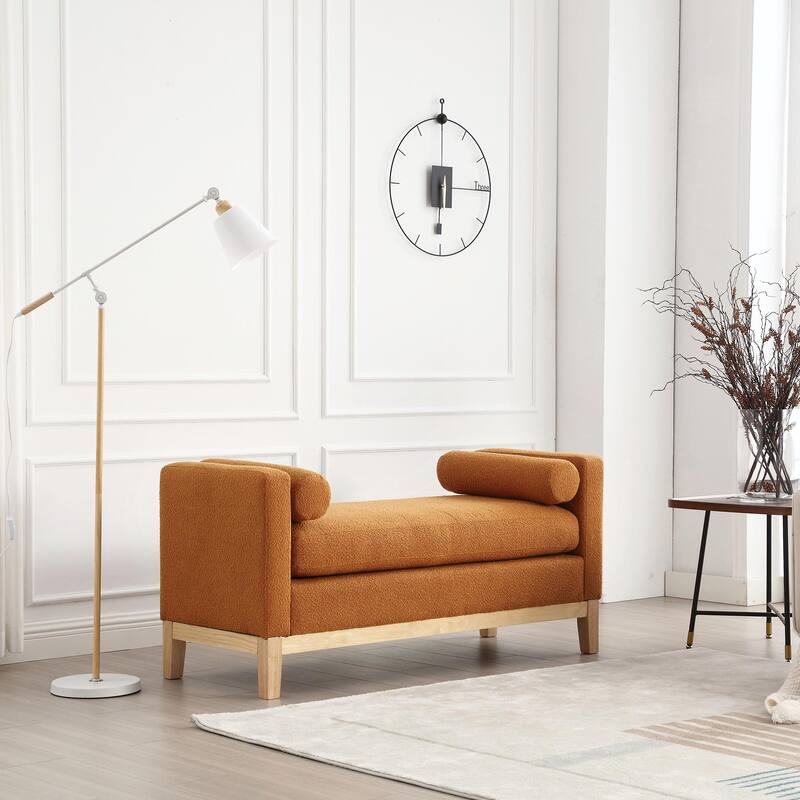 Elegant 53.5" Upholstered Ottoman Bench with Wood Legs & Bolster Pillows