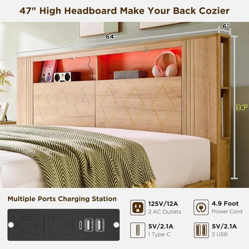 Modern Queen Size Wood Bed Frame with Charging Station and LED Lights