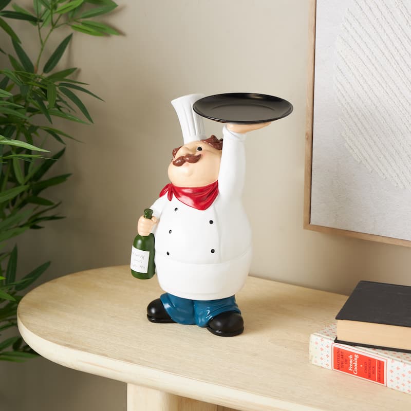 White Polystone Kitchen Decorative Figurine Chef Decorative Sculpture with Black Tray and Green Bottle - White