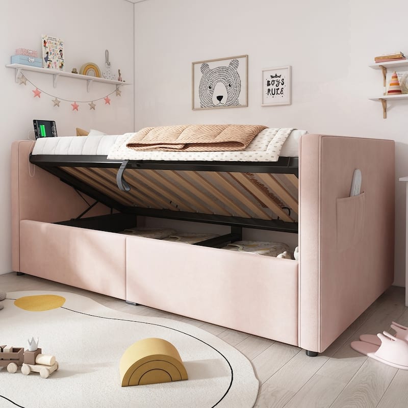 Hydraulic Storage Twin Bed Frame with Wooden Slats and Tufted Sofa Back