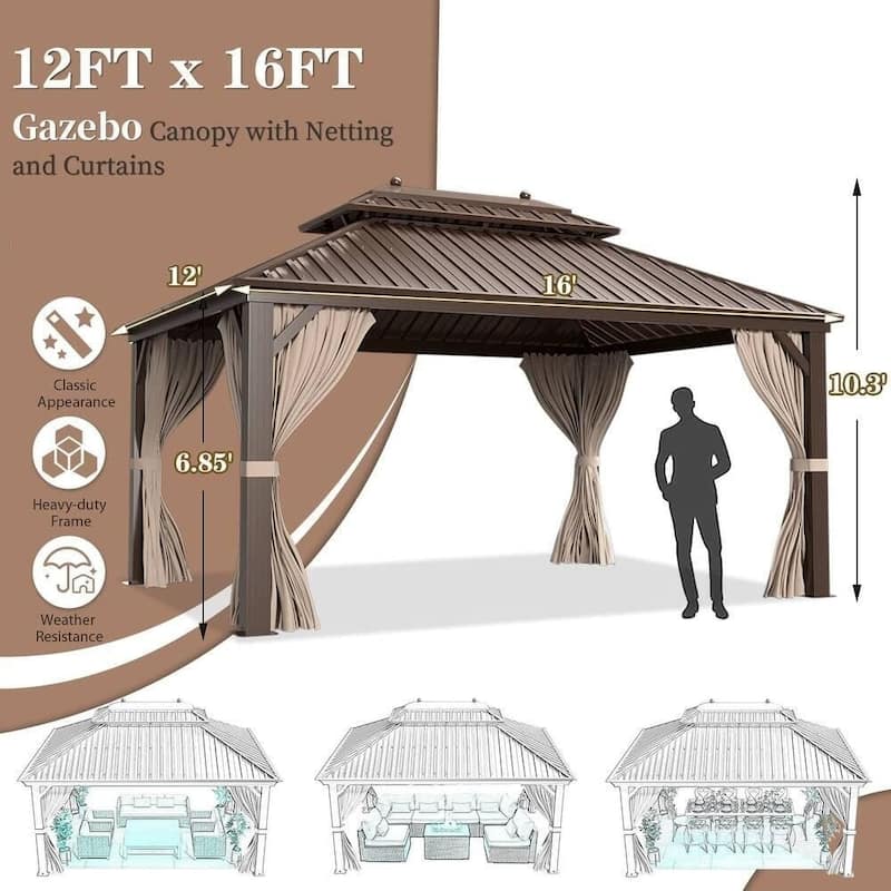 Outdoor Pro Series Galvanized Steel Hardtop Patio Gazebo Pergola w/Aluminum Frame, Prime Curtains and nettings include