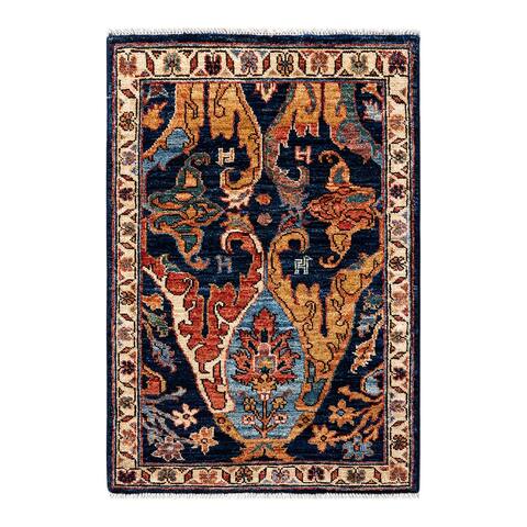 Hand Knotted Traditional Tribal Wool Blue Area Rug - 2' 0" x 3' 0"