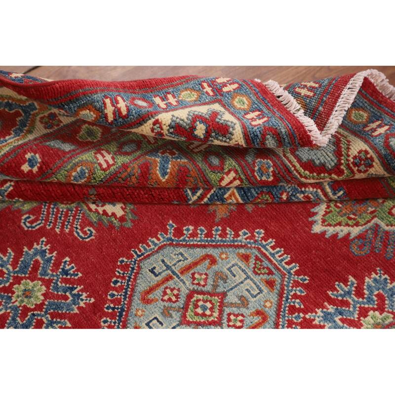 Red Geometric Kazak Area Rug Bedroom Hand-Knotted Wool Carpet - 4'8" x 7'2"