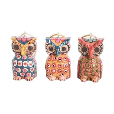 Novica Handmade Enchanting Owls Wood Ornaments (Set Of 3)