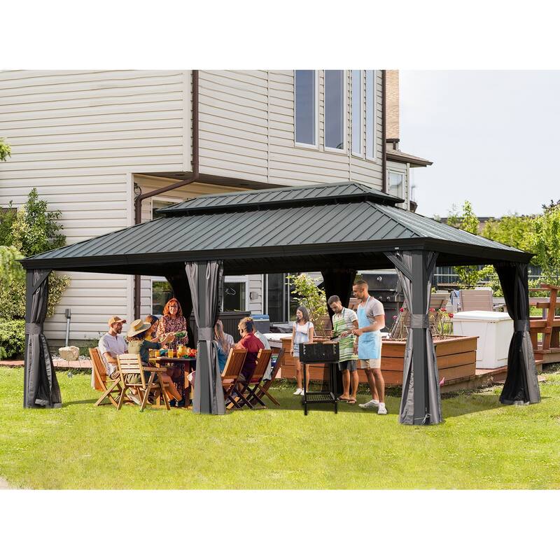 14' X 20' Hardtop Gazebo with Double Roof, Aluminum Frame, Curtains, and Netting for Outdoor Spaces
