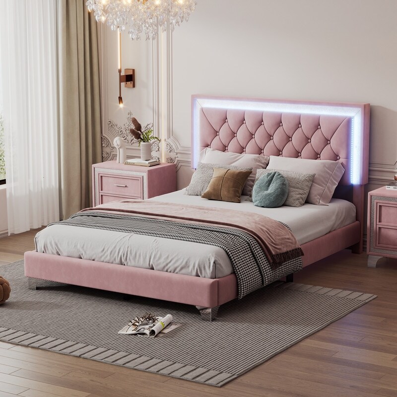 Full Size Upholstered Bed Frame with LED Light Tufted Headboard Pink