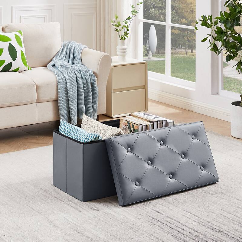 2 PC Storage Folding Ottoman, Storage Footrest Stool, Faux Leather Storage Bench Cube with Padded Seat for Small Space